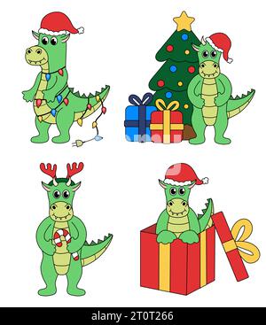 Ensemble de personnages de dessins animés de Noël et du nouvel an Dragon. Mignon Dragon dans une boîte cadeau, guirlande, canne à sucre, cerf Antler Headband, arbre de Noël. Vecteur fl Illustration de Vecteur