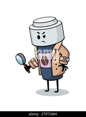 Illustration de dessin animé numérique plat vectoriel, personnage, mascotte - détective de tasse de papier, enquêteur, policier Illustration de Vecteur