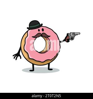 Personnage d'illustration vectorielle, mascotte - détective donut de style victorien angleterre avec revolver et chapeau melon. Illustration de Vecteur