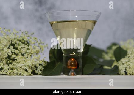 verre original avec liqueur de fleur de sureau avec décoration de fleurs âgées sur fond en bois Banque D'Images