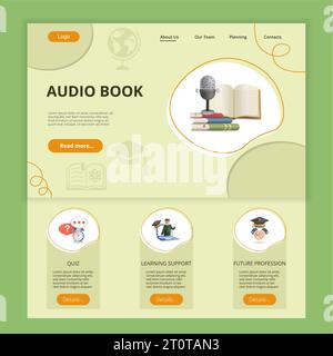 Modèle de site Web de page d'arrivée plate de livre audio. Quiz, soutien à l'apprentissage, future profession. Bannière Web avec en-tête, contenu et pied de page. Vecteur Illustration de Vecteur