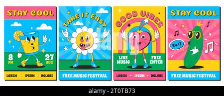 Affiches psychédéliques à la mode avec des personnages drôles. Flyers modernes ou modèle de conception de carte avec Marguerite groovy, coeur et verre à cocktail. Invitations de dessin animé pour la fête de musique en direct, concert dans des couleurs vives. Illustration de Vecteur
