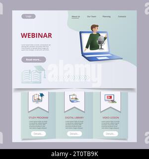 Modèle de site Web de page d'accueil plate de webinaire. Programme d'études, bibliothèque numérique, leçon vidéo. Bannière Web avec en-tête, contenu et pied de page. Vecteur Illustration de Vecteur