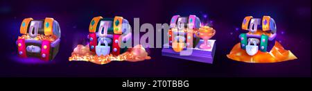 Jeu de dessin animé vectoriel anciens coffres au Trésor avec des pièces d'or et des gemmes. Malles en métal fantaisie ouverts avec des pierres précieuses et pile d'argent. Pirate butin, éléments gui. Ressources fantaisie pour la conception de magasin d'interface utilisateur. Illustration de Vecteur