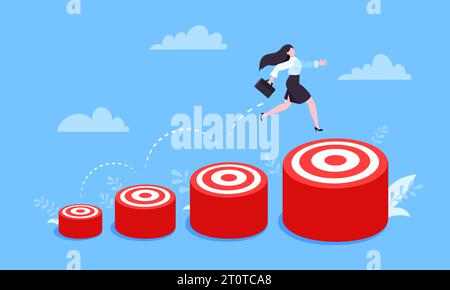 Femme d'affaires court et saute de petit objectif cible pour atteindre ...
