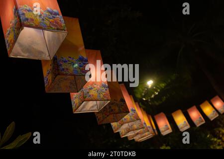 Lanternes décorées avec des motifs animaux marins, pourpre, orange, plusieurs la nuit. Banque D'Images