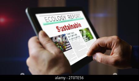 Industrie verte durable et technologie respectueuse de l'environnement lecture quotidienne du journal sur l'écran de tablette mobile. Écran tactile homme avec des nouvelles de titres Banque D'Images