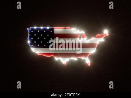 La forme du pays des USA dans la jante éclairée aux couleurs de son drapeau national encastré dans une surface sombre - rendu 3D. Banque D'Images