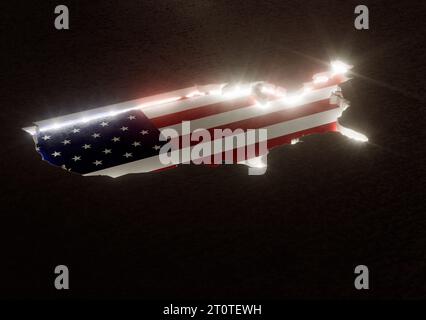 La forme du pays des USA dans la jante éclairée aux couleurs de son drapeau national encastré dans une surface sombre - rendu 3D. Banque D'Images