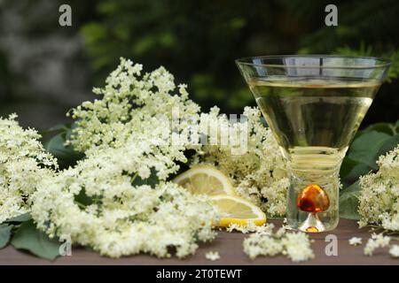 verre original avec liqueur de fleur de sureau avec décoration de fleurs âgées sur fond en bois Banque D'Images