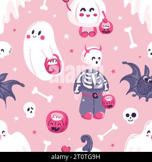 Motif sans couture Halloween. Personnages de dessins animés mignons dans des couleurs roses. Squelette de bébé, citrouille, fantômes suppliant des bonbons. Pour papier peint, impression sur fabr Illustration de Vecteur