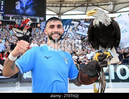 Rome. 08 octobre 2023. Valentin Castellanos célèbre à la fin d'un match de football de Serie A entre Lazio et Atalanta à Rome, Italie, le 08 octobre 2023. Crédit : Alberto Lingria/Xinhua/Alamy Live News Banque D'Images