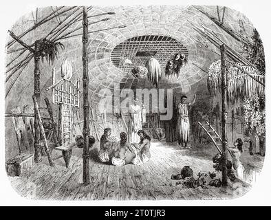 Intérieur d'une cabane traditionnelle dans les îles Andaman et Nicobar, océan Indien. Gravure ancienne du 19e siècle du Tour du monde 1860 Banque D'Images