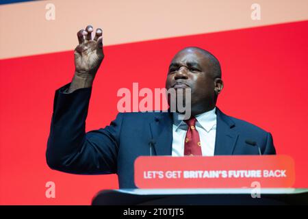 David Lammy, Secrétaire d'État fantôme aux Affaires étrangères, au Commonwealth et au développement Discours, le 2e jour de la Conférence du travail 2023, (Shadow) à la Conférence du travail 2023.Liverpool UK. Crédit : GaryRobertsphotography/Alamy Live News Banque D'Images