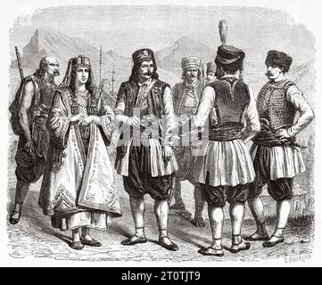 Costumes traditionnels monténégrins, Monténégro. Europe. Voyage en Albanie et au Monténégro en 1858 par l'explorateur français Guillaume Lejean. Gravure ancienne du 19e siècle du Tour du monde 1860 Banque D'Images