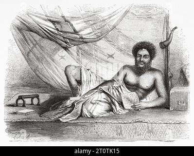 Vieux portrait de Ratu Seru Epenisa Cakobau (1815 - 1883) roi des îles Fidji. Mélanésie, Océanie dans le sud-ouest de l'océan Pacifique. Voyage au Grand Viti, grand océan équinocial par John Denis Macdonald 1855. Gravure ancienne du 19e siècle du Tour du monde 1860 Banque D'Images