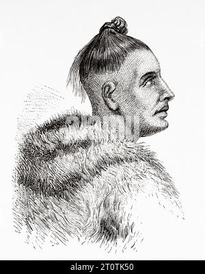 Eskimo man, explorations arctiques dans les années 1853, 1854, 1855 par Elisha Kent Kane. Gravure ancienne du 19e siècle du Tour du monde 1860 Banque D'Images