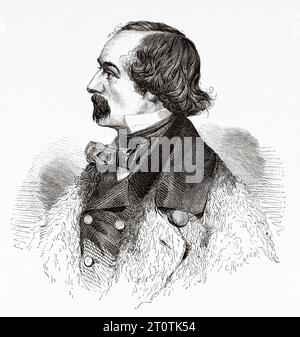 Elisha Kent Kane (3 février 1820 – 16 février 1857) est une médecin de la marine des États-Unis et une exploratrice de l'Arctique. Il a servi comme assistant chirurgien pendant le voyage de Caleb Cushing en Chine pour négocier le traité de Wangxia et dans l'escadron africain. Il est affecté comme envoyé spécial de l'armée des États-Unis pendant la guerre américano-mexicaine et comme arpenteur dans l'U.S. Coast Survey. Gravure ancienne du 19e siècle du Tour du monde 1860. Gravure ancienne du 19e siècle du Tour du monde 1860 Banque D'Images