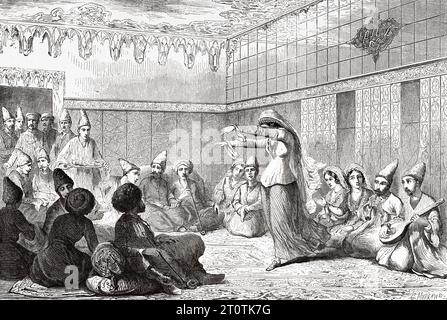 Scène de danse lors d'une soirée dans la maison d'un riche Tatar à Shamaki, Azerbaïdjan. Voyage vers la mer Noire et la mer Caspienne en 1858 par Moynet. Gravure ancienne du 19e siècle du Tour du monde 1860 Banque D'Images