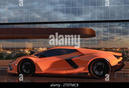 Lamborghini Revuelto contre un immeuble de bureaux moderne dans une belle lumière du soir Banque D'Images