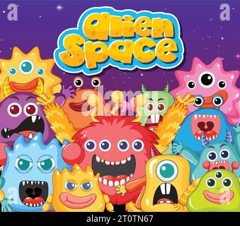 Un groupe d'adorables monstres extraterrestres de différentes couleurs Illustration de Vecteur