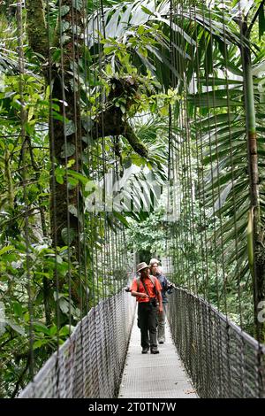 Randonneurs dans la réserve de forêt tropicale Arenal marchant sur un pont suspendu. Région de la Fortuna, Costa Rica. Banque D'Images