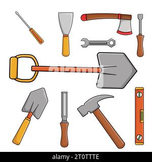 Ensemble d'outils de construction sur fond blanc. Illustration vectorielle dans le style de bande dessinée. Illustration de Vecteur