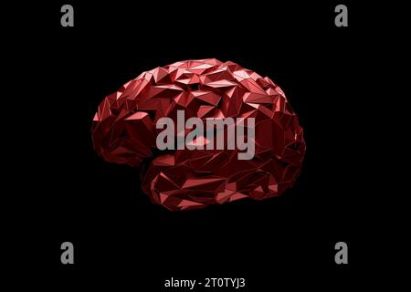 illustration 3d du cerveau stylisé low-poly symbolise l'intelligence et la créativité. Cerveau métallique rouge isolé sur fond noir Banque D'Images