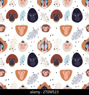 Motif sans couture de singes de dessin animé. Portraits de primates exotiques avec feuilles de plantes tropicales. Animaux de races différentes. Gorille et chimpanzé. Singe drôle Illustration de Vecteur