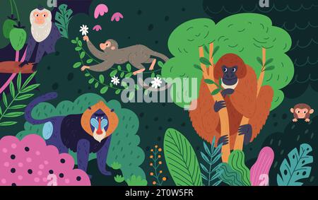 Singes dans la jungle. Personnages animaux de bande dessinée drôles dans la forêt tropicale colorée. Primates exotiques de différentes races. Feuillage de forêt tropicale. Chimpanzé sur Illustration de Vecteur