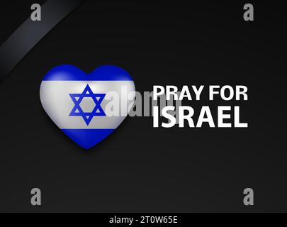 Drapeau israélien en forme de cœur avec un ruban de deuil - bannière. Priez pour Israël. Prions ensemble, sympathie. Sur fond noir. Vector ill Illustration de Vecteur