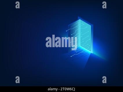 Porte vers le monde de la technologie la porte qui s'ouvrait devant était un circuit technologique. Il se réfère à l'introduction de la technologie dans le quotidien Illustration de Vecteur
