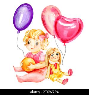 Aquarelle dessinée à la main bébé assise dans une combinaison rose avec une balle, une poupée et des ballons colorés, croquis de thème nouveau-né isolé sur fond blanc Banque D'Images