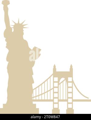 Simples silhouettes plates beiges de la STATUE DE LA LIBERTÉ, NEW YORK CITY et GOLDEN GATE BRIDGE, SAN FRANCISCO Illustration de Vecteur