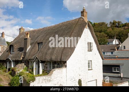 Cadgwith Cove village et cottages au toit de chaume aux murs blancs dans le village, Cornwall, Angleterre, Royaume-Uni Banque D'Images