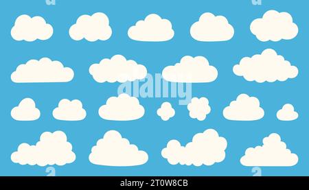 Jeu de nuages de dessins animés. Nuages isolés sur la collection de vecteurs panorama de ciel bleu. Cloudscape dans le ciel bleu Illustration de Vecteur