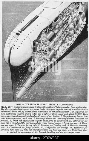 Description illustrée de l'armement, journal britannique - Royaume-Uni, Seconde Guerre mondiale : l'image est un diagramme noir et blanc d'une torpille tirée d'un sous-marin. Le schéma, intitulé « Fig. 9. Comment une torpille est tirée depuis un sous-marin », montre la torpille tirée depuis le côté gauche du sous-marin. La torpille est représentée en coupe transversale, avec ses divers composants étiquetés, y compris l'hélice, le stockage d'air comprimé, la porte étanche à l'eau et le réservoir de tir. Le schéma comprend également un texte explicatif décrivant le processus de cuisson. Banque D'Images