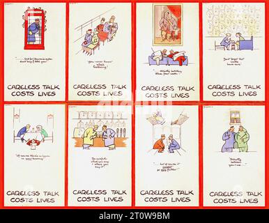 Propagande britannique , époque de la Seconde Guerre mondiale - « parler négligent coûte des vies » il s'agit d'un ensemble de 9 affiches de propagande britannique de la Seconde Guerre mondiale Les affiches sont disposées dans une grille 3x3. Chaque affiche a une bordure rouge et un fond blanc. Les affiches sont dans un style graphique avec des dessins au trait simples et une couleur minimale. Chaque affiche a le texte « entretien imprudent coûte des vies » écrit en rouge en bas. Les affiches représentent différentes scènes de personnes qui parlent et les conséquences de leur discours négligent. Banque D'Images