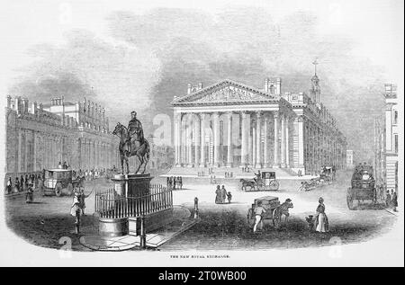 Le New Royal Exchange Building, City of London. Construit en 1844 selon les plans de Sir William Tite. Illustration en noir et blanc du London Illustrated News ; 1844. Banque D'Images