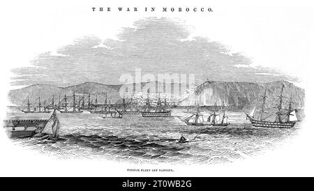 Première guerre franco-marocaine, le 6 août 1844. La marine française sous le commandement de François d'Orléans, prince de Joinville attaque la ville marocaine de Tanger. Black and White Illustration from the London Illustrated News ; août 1844. Banque D'Images