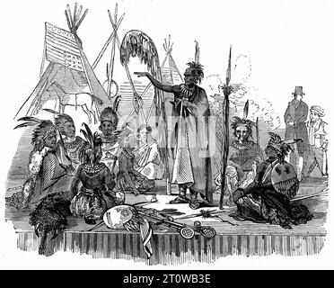 Campement des Indiens Ioway, Lord's Cricket Ground. Le discours de bienvenue, août 1844. Black and White Illustration from the London Illustrated News ; 31 août 1844. Banque D'Images