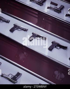 Bande transporteuse avec armes de poing fraîchement fabriquées. Pistolets semi-automatiques production de masse pour l'autodéfense civile, les officiers militaires ou la police. Ceci Banque D'Images