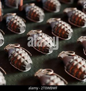 Cette image montre une bande transporteuse remplie de grenades à main effilées, une technologie dangereuse et mortelle utilisée dans l'armée. L'image est parfaite pour un Banque D'Images