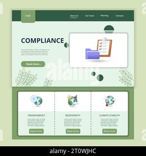 Modèle de site Web de page d'arrivée plate de conformité. Transparence, biodiversité, stabilité climatique. Bannière Web avec en-tête, contenu et pied de page. Vecteur Illustration de Vecteur