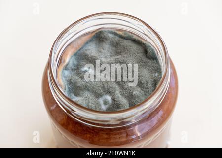 Ouvrez le bocal avec de la confiture sucrée et du moule sur un fond blanc. Banque D'Images