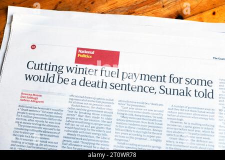 «Couper le paiement du carburant d'hiver pour certains serait une condamnation à mort, Sunak a déclaré» journal Guardian en tête politique article sur l'énergie 30 septembre 2023 Royaume-Uni Banque D'Images