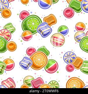 Vector Candy Seamless Pattern, répétition de fond avec des illustrations de différents bonbons aux fruits colorés et gommes à bulles pour le linge de lit ou l'emballage pour enfants Illustration de Vecteur