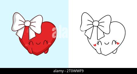 Kawaii Clipart Christmas Heart Illustration et pour Coloriage page. Drôle Kawaii Xmas Heart. Illustration de Vecteur