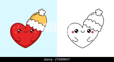 Kawaii Clipart Christmas Heart Illustration et pour Coloriage page. Drôle Kawaii Xmas Heart. Illustration de Vecteur