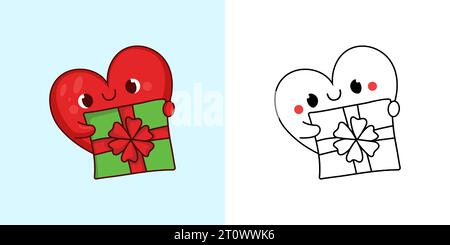 Définir Clipart Christmas Heart Coloriage page et Illustration colorée. Kawaii Xmas Heart. Illustration de Vecteur